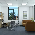 Modern Public Office Space with Large Windows Office Desks Computers Green Plants and Ergonomic Chairs