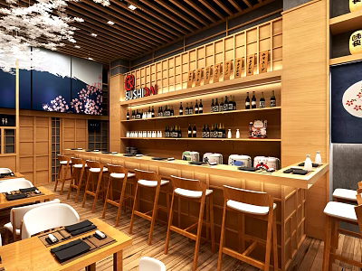 Japanese Sushi Restaurant Interior With Cherry Blossom Decor Wooden Counter Bar Stools Shelves Of Bottles 3d model