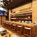 Japanese Sushi Restaurant Interior With Cherry Blossom Decor Wooden Counter Bar Stools Shelves Of Bottles 3d model
