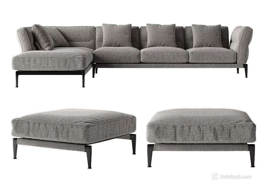 Modern Gray Fabric Sectional Sofa Set With Plush Cushions And Ottomans 3d model 