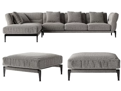 Modern Gray Fabric Sectional Sofa Set With Plush Cushions And Ottomans 3d model