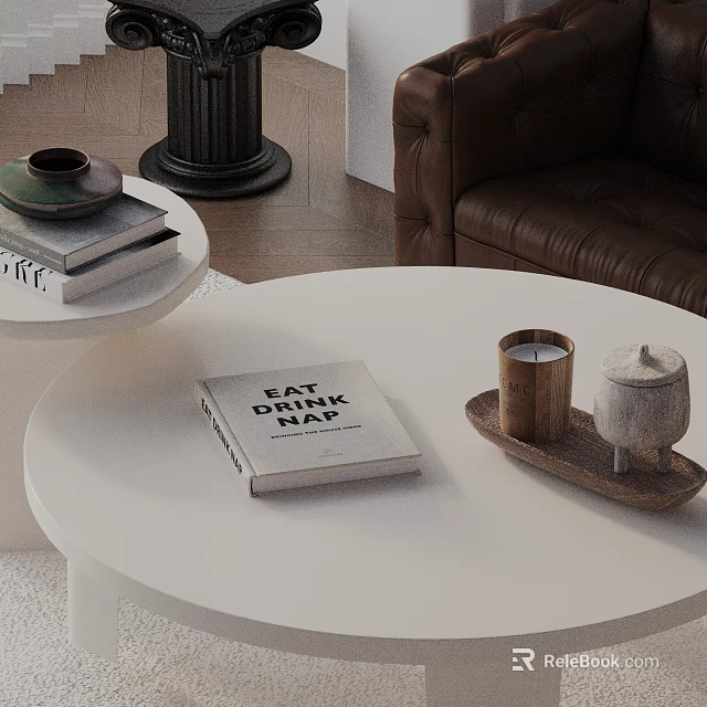 Brown Leather Sofa and White Round Coffee Table Set with Book Candle and Decorative Tray 3d model 