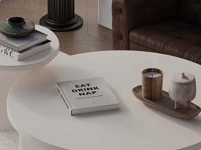 Brown Leather Sofa and White Round Coffee Table Set with Book Candle and Decorative Tray 3d model