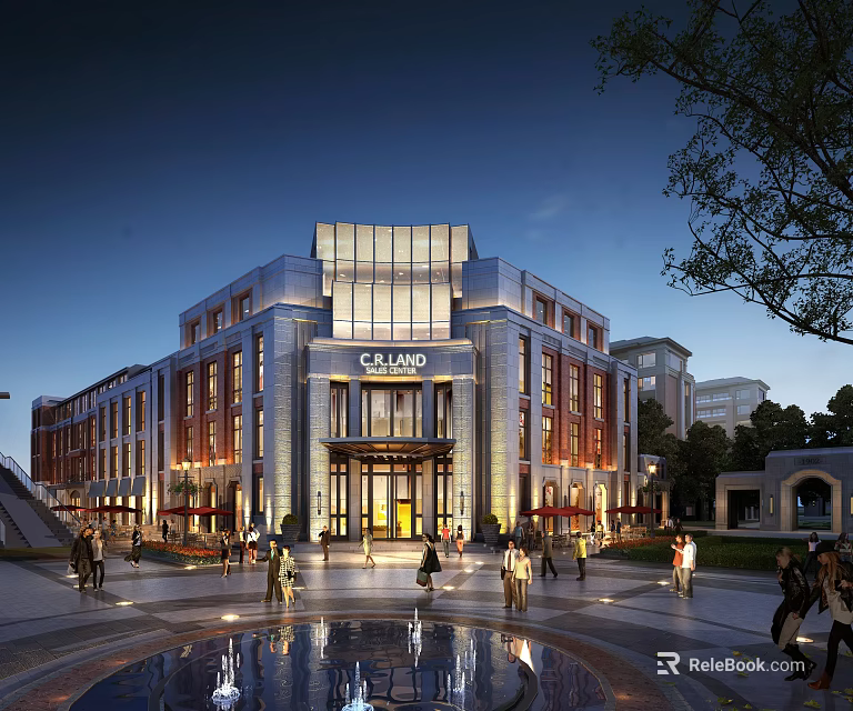 Bustling Commercial Street With Modern Illuminated Architecture And Crowded Walking Plaza Area 3d model 