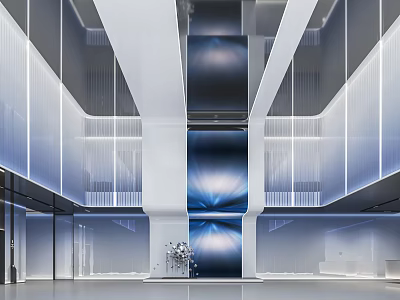 Modern Hotel Lobby Interior With White Columns Blue Gradient Backdrop And Lighting Design 3d model