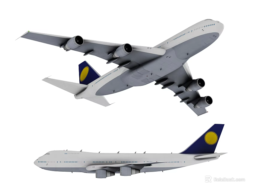 White Passenger Plane With Blue Yellow Tail In Side And Rear Views 3d model