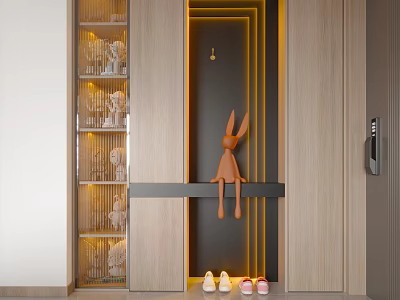 Modern Entryway And Side Cabinet Design With Glass Door Display Warm Lighting And Decorative Ornaments 3d model