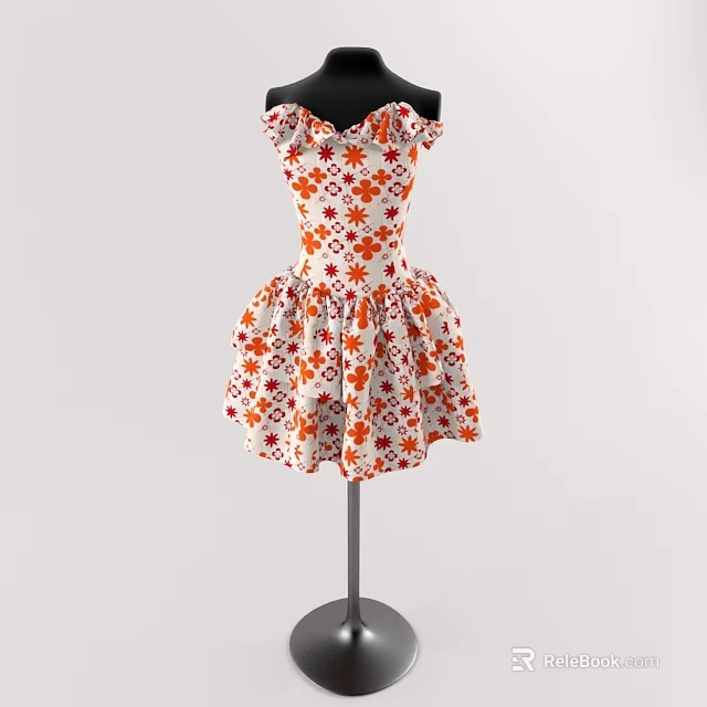 Model Wearing White Off Shoulder Dress With Orange Floral Pattern And Flared Skirt 3d model 