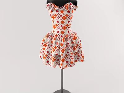 Model Wearing White Off Shoulder Dress With Orange Floral Pattern And Flared Skirt 3d model