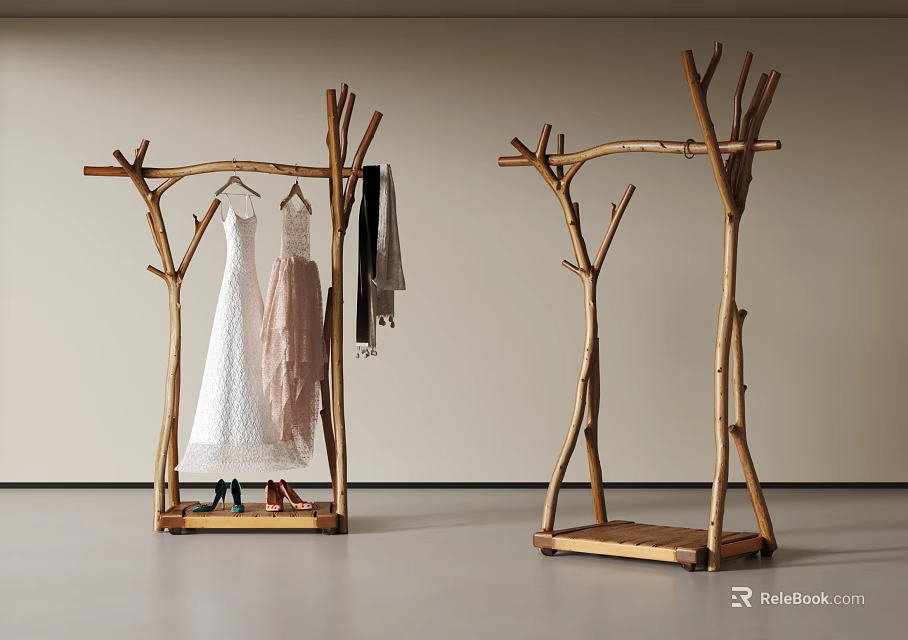 Wooden Branch Design Coat Racks with Hanging Clothes and Shoes in Natural Style 3d model 