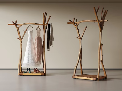 Wooden Branch Design Coat Racks with Hanging Clothes and Shoes in Natural Style 3d model