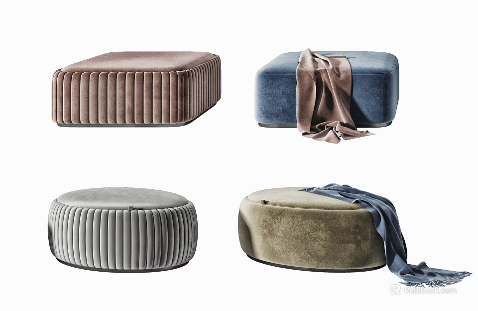 Elegant Velvet Ottomans in Brown Blue Gray Beige with Decorative Throws 3d model 