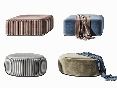 Elegant Velvet Ottomans in Brown Blue Gray Beige with Decorative Throws 3d model
