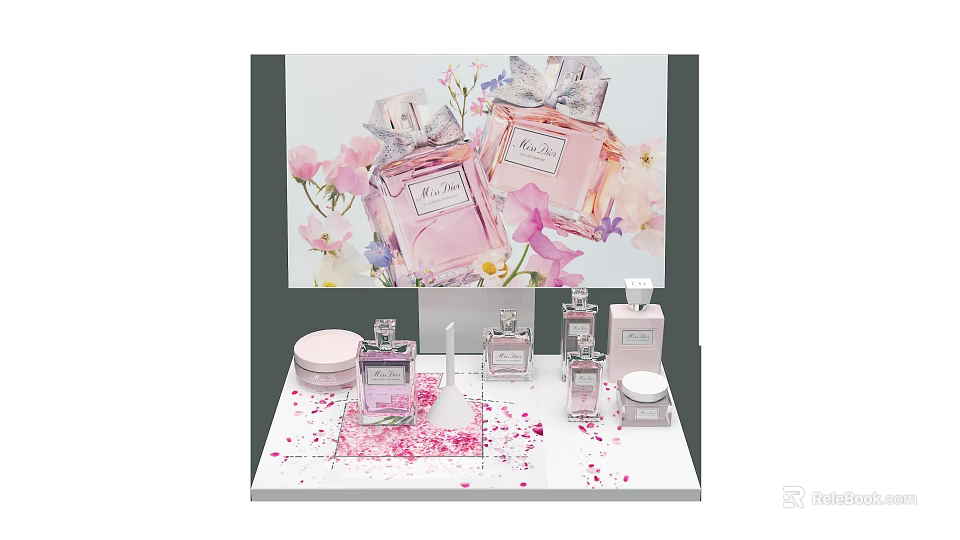 Elegant Perfume and Cosmetics Display Stand With Pink Flower Decorations Small Bottles and Jars 3d model 