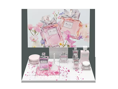 Elegant Perfume and Cosmetics Display Stand With Pink Flower Decorations Small Bottles and Jars 3d model