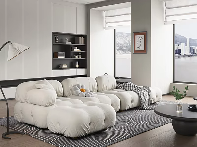 Modern Living Room Interior With Puffy Sofa Floor Lamp And City View 3d model