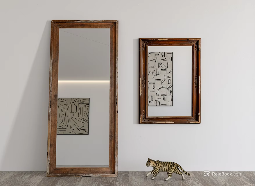Large Wooden Frame Mirror With Geometric Art And Cat In Modern Interior 3d model 