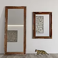 Large Wooden Frame Mirror With Geometric Art And Cat In Modern Interior