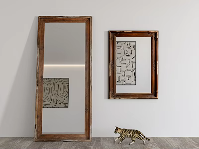 Large Wooden Frame Mirror With Geometric Art And Cat In Modern Interior 3d model