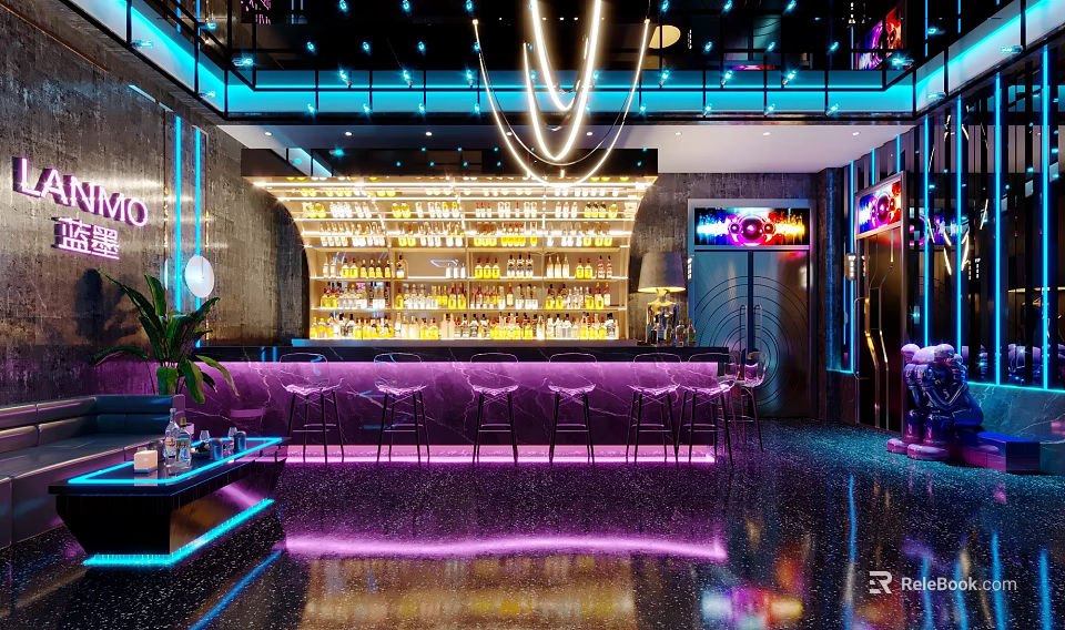 Contemporary Bar Interior With Neon Lights Bar Counter Liquor Shelves And Seating 3d model 