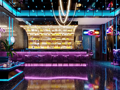 Contemporary Bar Interior With Neon Lights Bar Counter Liquor Shelves And Seating 3d model