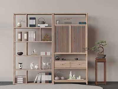 Traditional Chinese Multi Tiered Display Shelving With Books Vases Tea Sets And Bonsai Decor 3d model