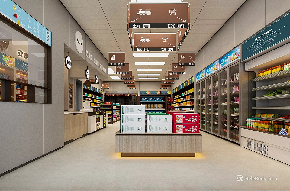 Modern Supermarket Interior With Bright Lighting Neat Shelves And Promotional Product Displays 3d model 
