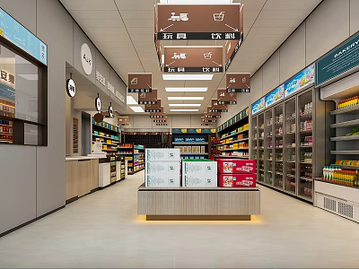 Modern Supermarket Interior With Bright Lighting Neat Shelves And Promotional Product Displays 3d model