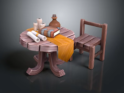 Rustic Wooden Furniture Set With Round Table Chair Books Scrolls And Clay Pot 3d model