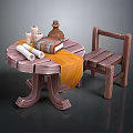 Rustic Wooden Furniture Set With Round Table Chair Books Scrolls And Clay Pot