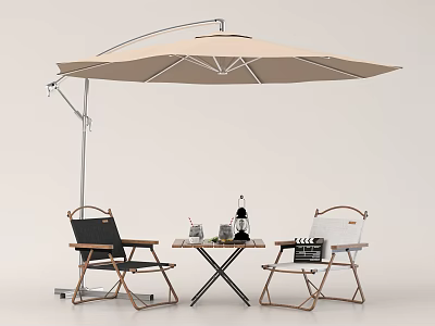Outdoor X-Leg Table with Beige Cantilever Umbrella and Folding Garden Chairs 3d model