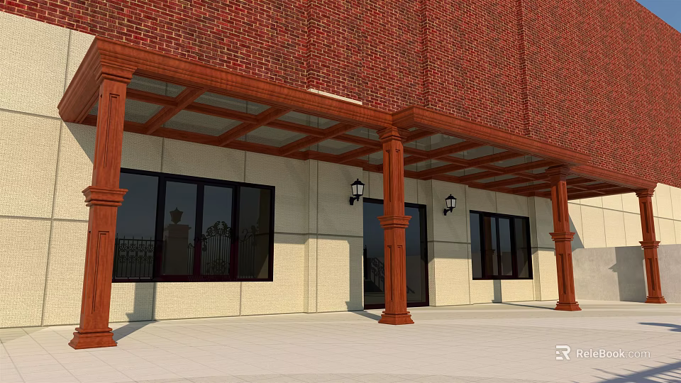 Wooden Canopy Attached to Red Brick Building with Columns Glass Roof and Black Wall Lamps 3d model 