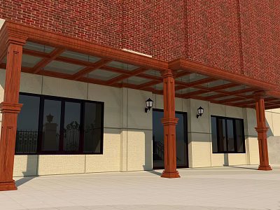Wooden Canopy Attached to Red Brick Building with Columns Glass Roof and Black Wall Lamps 3d model