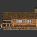 Traditional Log Cabin With Shingle Roof Chimney Porch Railing And Wooden Steps