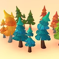 Colorful Trees with Vibrant Red Orange Yellow Green Blue Foliage in Cartoon 3D Model Style