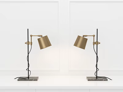 Two Modern Minimalist Table Lamps With Golden Shade Metal Arm And Marble Base 3d model