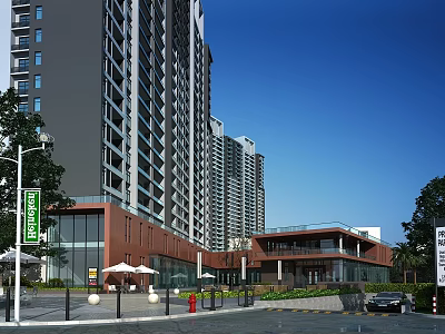 Modern High Rise Residential Landscape With Commercial Podium Green Trees Parking Area And Blue Sky 3d model