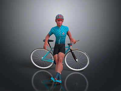 Man in Blue Cycling Jersey and Helmet Standing Next to Bicycle with Cycling Shoes 3d model