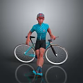 Man in Blue Cycling Jersey and Helmet Standing Next to Bicycle with Cycling Shoes