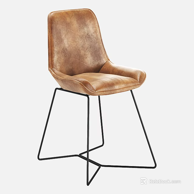 Modern Brown Leather Upholstered Dining Chair with Sturdy Black Metal Frame 3d model 