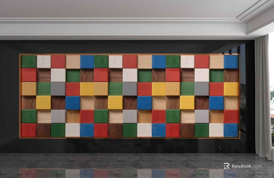 Wooden Background Wall With Colorful Square Blocks And Decorative Pattern Design 3d model