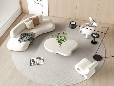 Modern White Curved Sofa and Coffee Table Set with Green Plant and Gray Round Rug 3d model