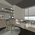 Modern Tatami Bedroom Interior With Desk Table Lamp Green Chair And Blinds