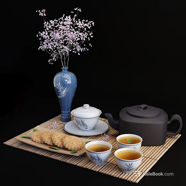 Decorative Ornament Combination With Blue White Vase Purple Flowers Tea Set Pastries On Bamboo Mat 3d model 