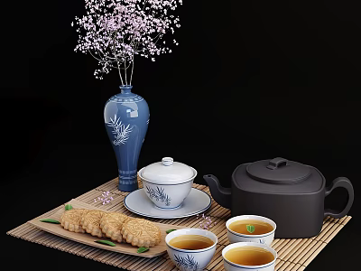 Decorative Ornament Combination With Blue White Vase Purple Flowers Tea Set Pastries On Bamboo Mat 3d model