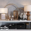 Decorative Ornament Combination With Table Lamps Metal Decor And Geometric Shapes On White Grid Shelf