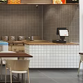Modern Restaurant Interior With Multiple Food Stalls Cashier Counters And Tables Chairs