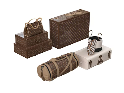 Assorted Patterned Brown Beige And White Luggage Bags With Stacked Cases Duffel And Handbag 3d model
