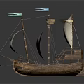 Wooden Ship with White Sails Blue Green Flags Masts and Deck Design 3d model