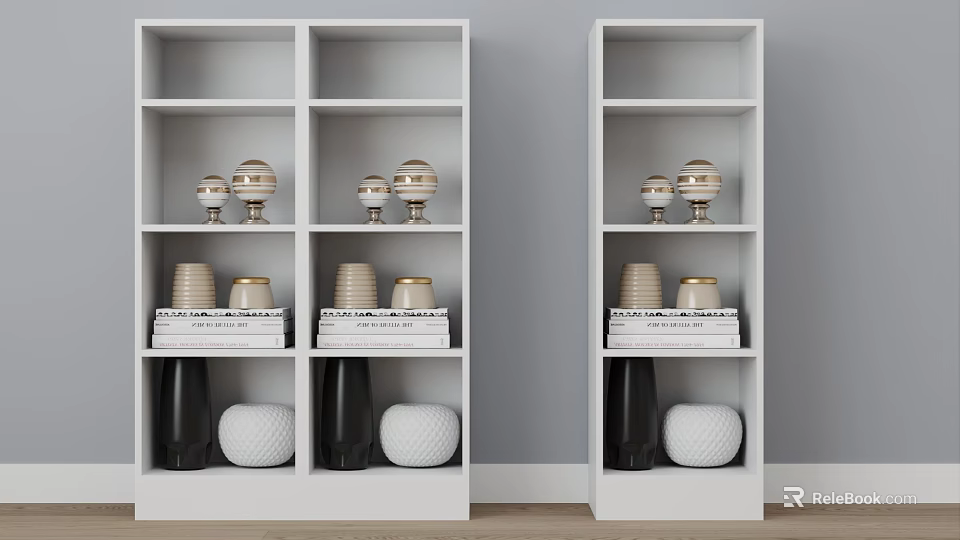 Two White Bookshelves Display With Gold Decorative Items Stacked Books And Vases 3d model 